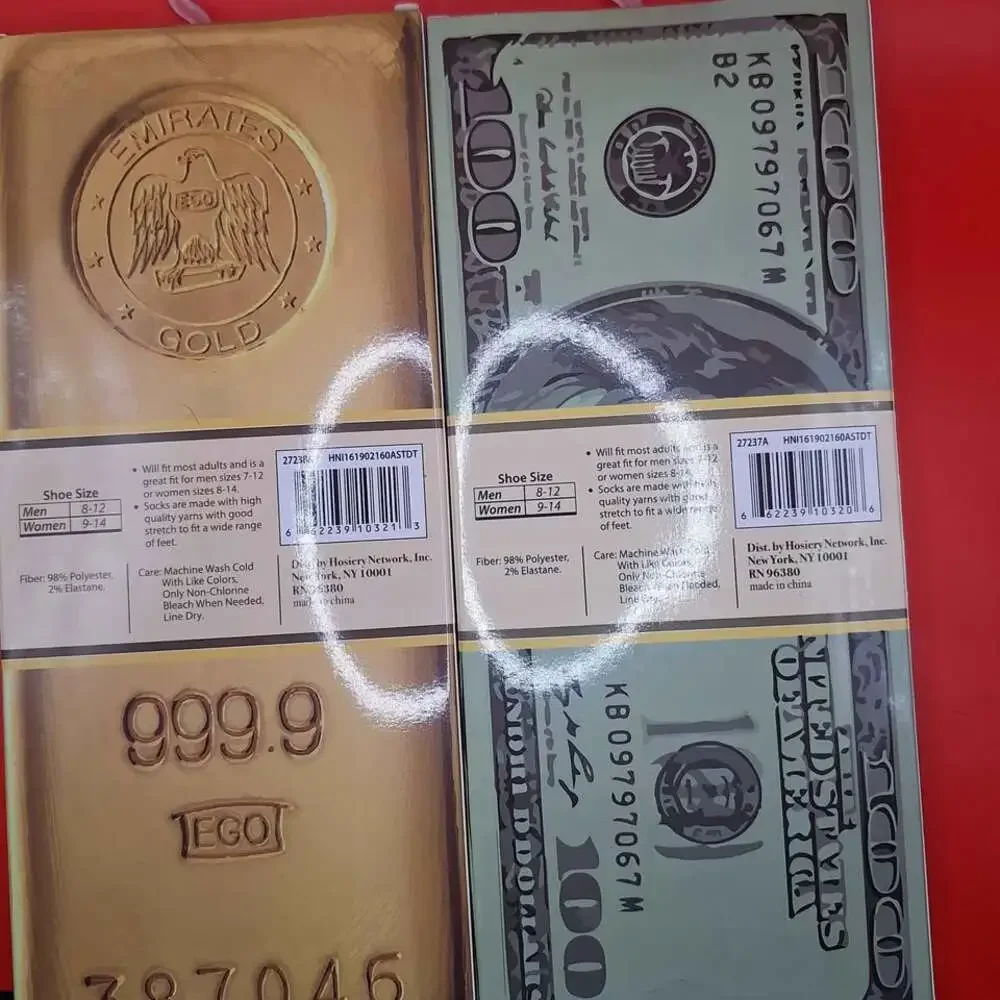 Money Novelty Crew Socks Adult One Size Gold Bricks Dollar Bills Gift Set 2 Pair